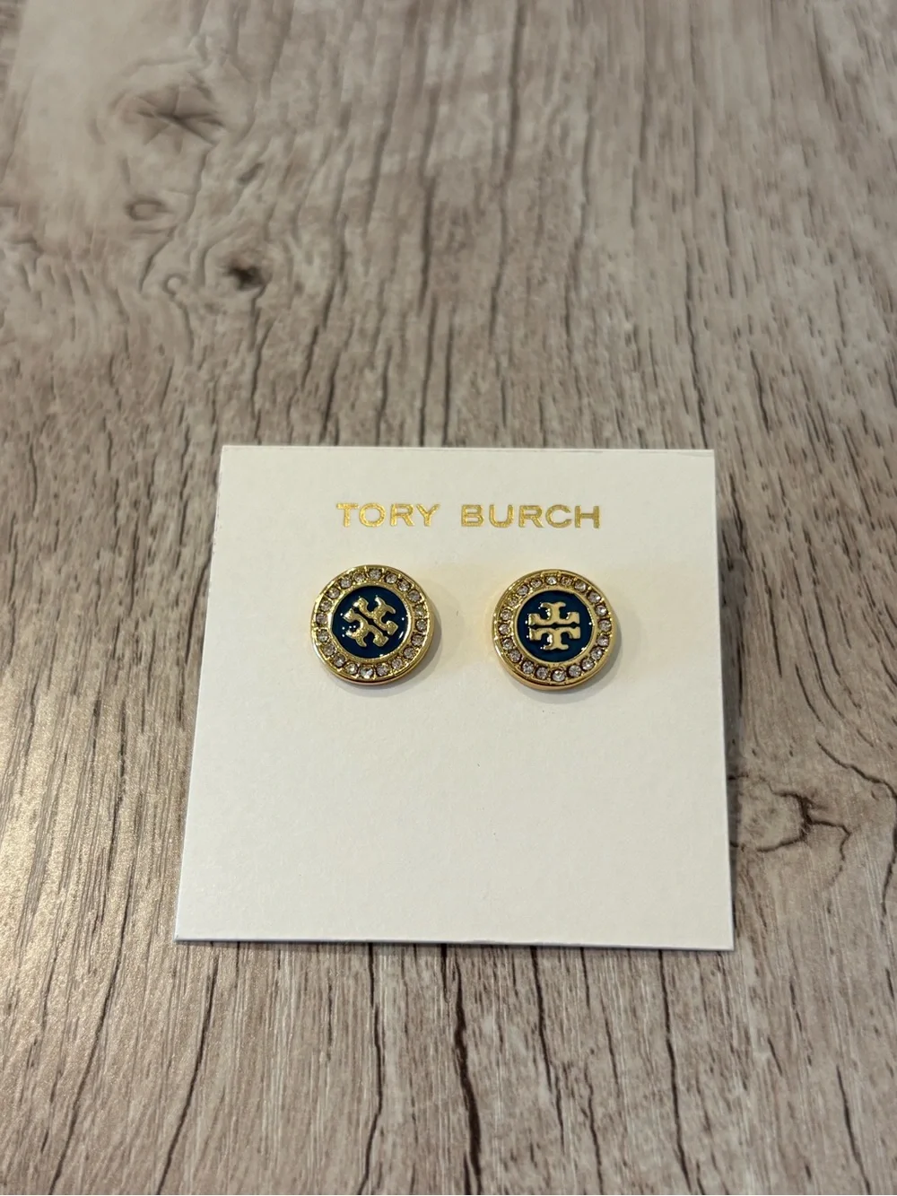 Tory Burch Gold and Blue Enamel Logo Crystal Stud Earrings
